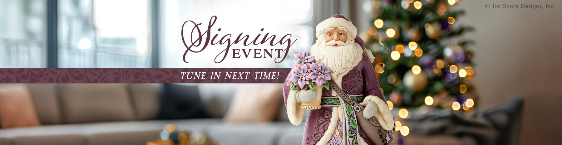 Promotional banner for a 'Signing Event' with Santa Claus holding flowers, Christmas tree in the background.