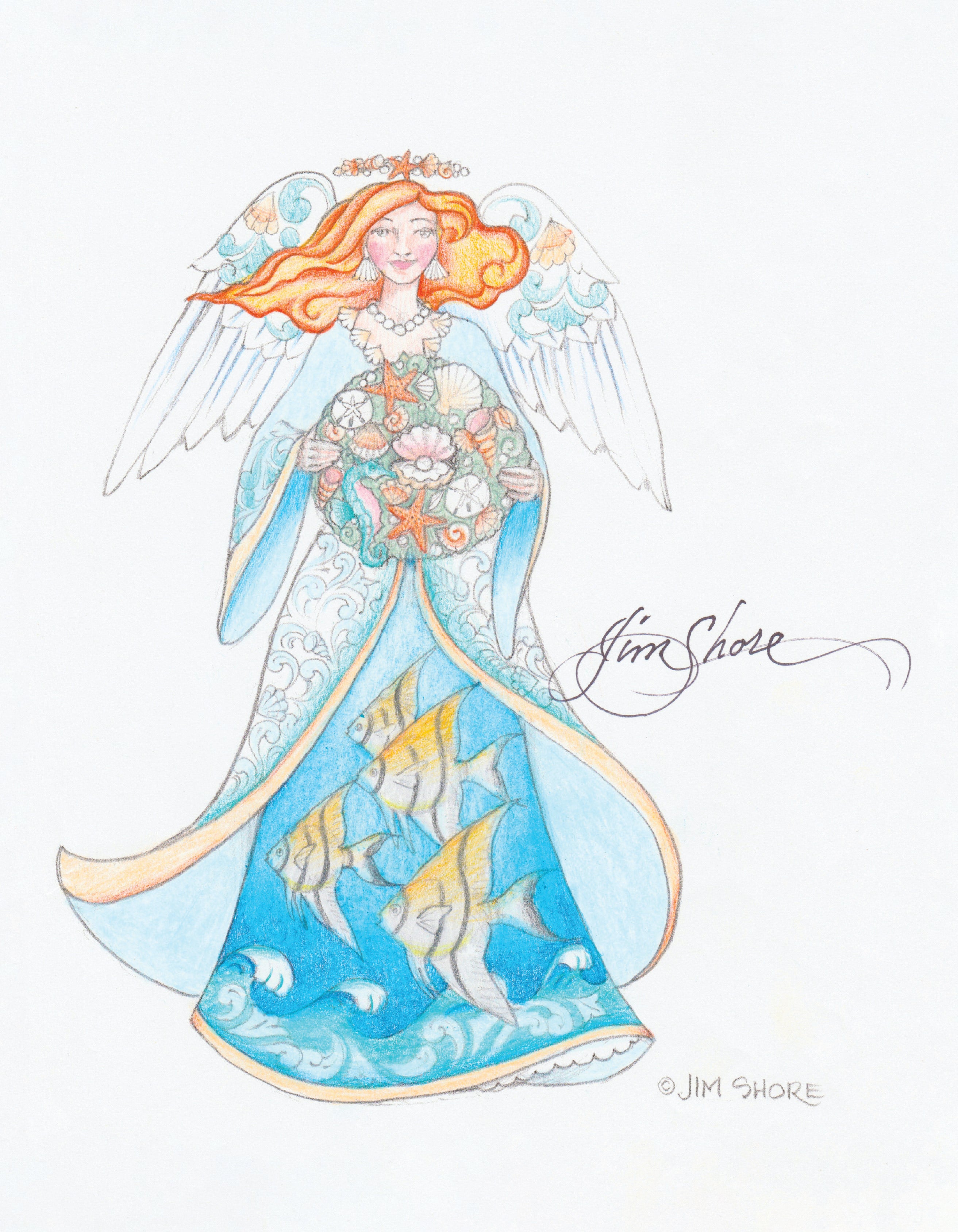 Angel With Coastal Wreath and Scene Print – Jim Shore
