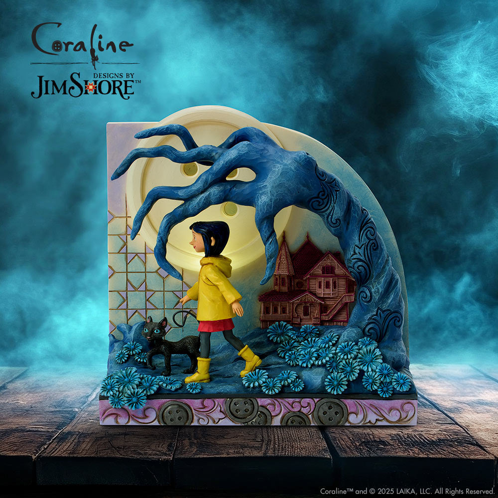 Coraline figurine with blue hand reaching through a door, set against a mystical background.