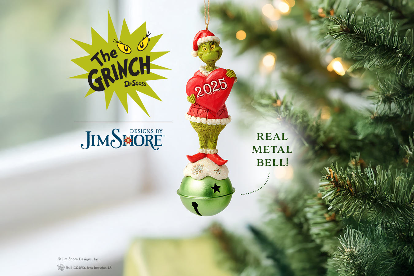 Grinch ornament with '2025' on a Christmas tree, featuring Jim Shore branding.