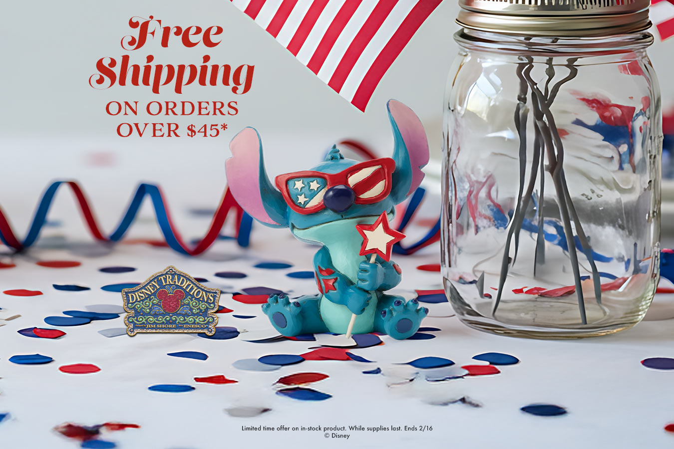 Toy figure with patriotic accessories on a table with free shipping text and confetti.