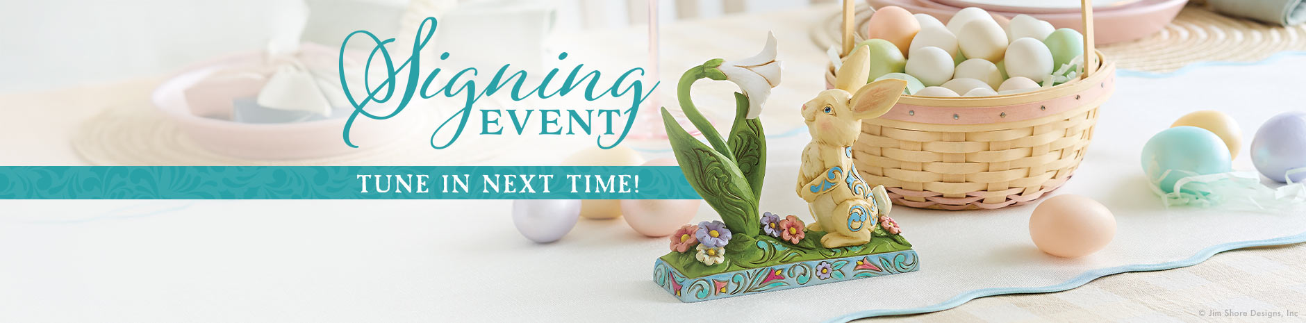 Easter-themed promotional banner with eggs, a basket, and a sign indicating a 'Signing Event'.