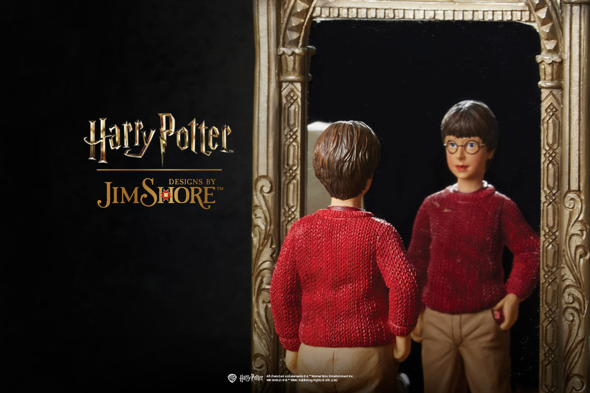 A Harry Potter figure shown from the back, standing in front of an ornate mirror that reflects its front view. The figure wears a red knit sweater and beige pants, with glasses.