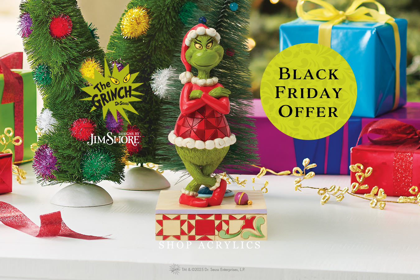 Christmas-themed figurine with 'The Grinch' and gift boxes, featuring a 'Black Friday Offer' label.