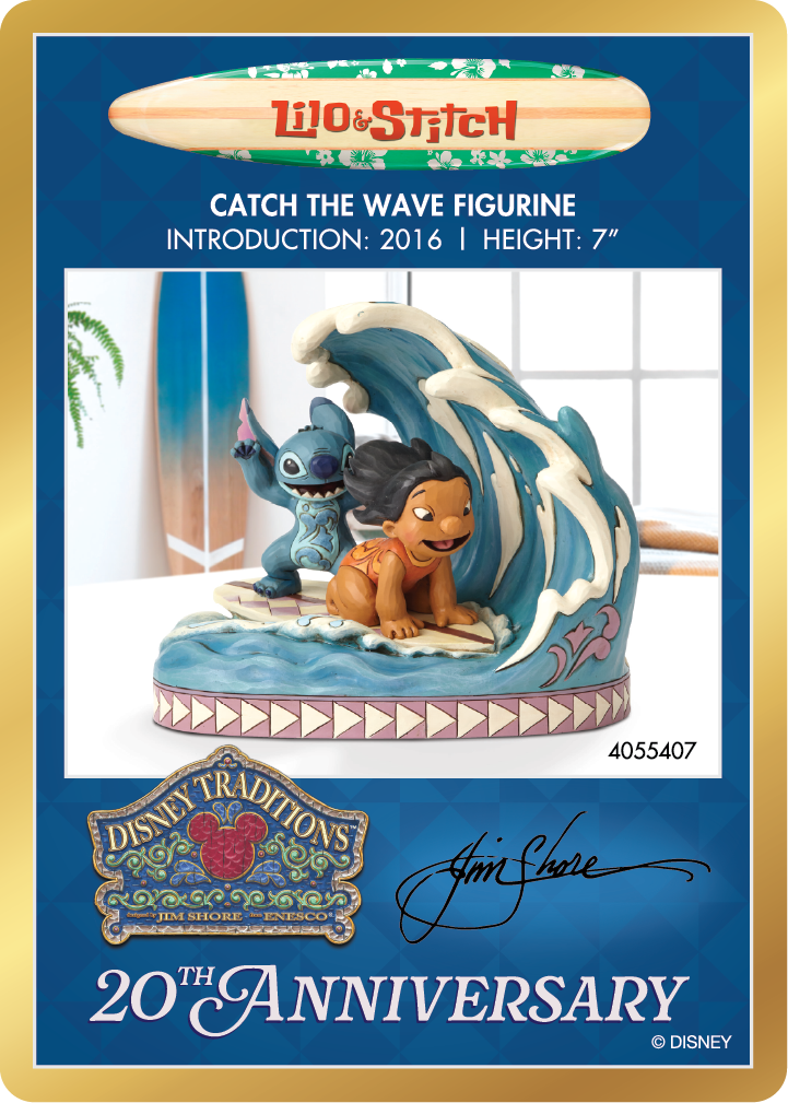 Disney Lilo & Stitch figurine card with wave design and character illustration.