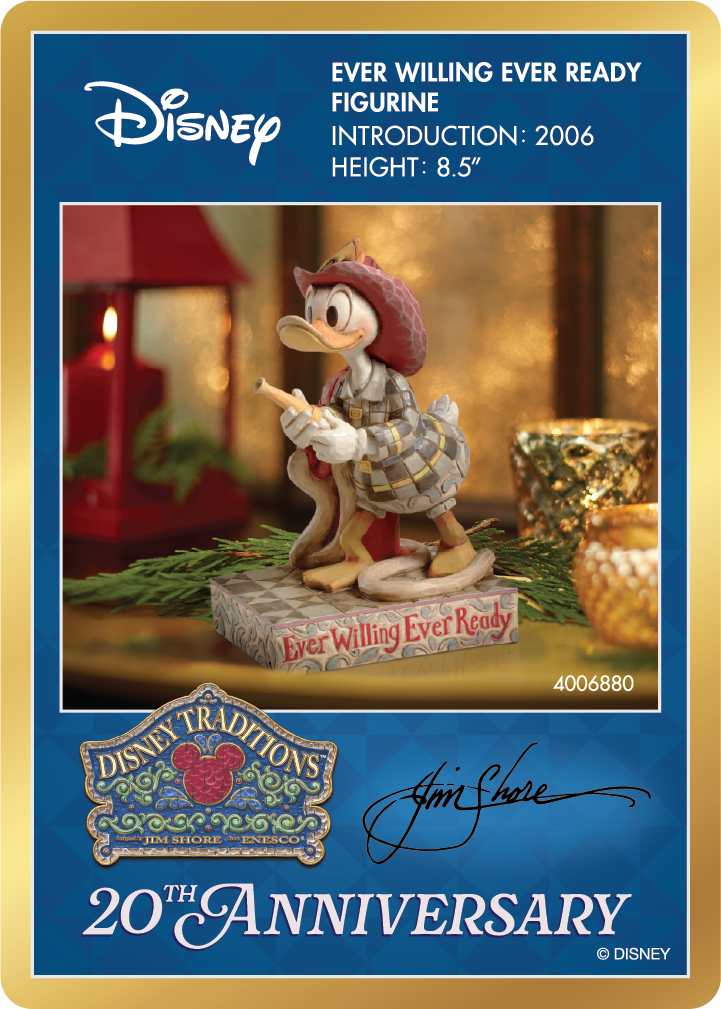 Disney figurine with card detailing 'Ever Willing Ever Ready' introduction, height, and Disney Traditions logo.