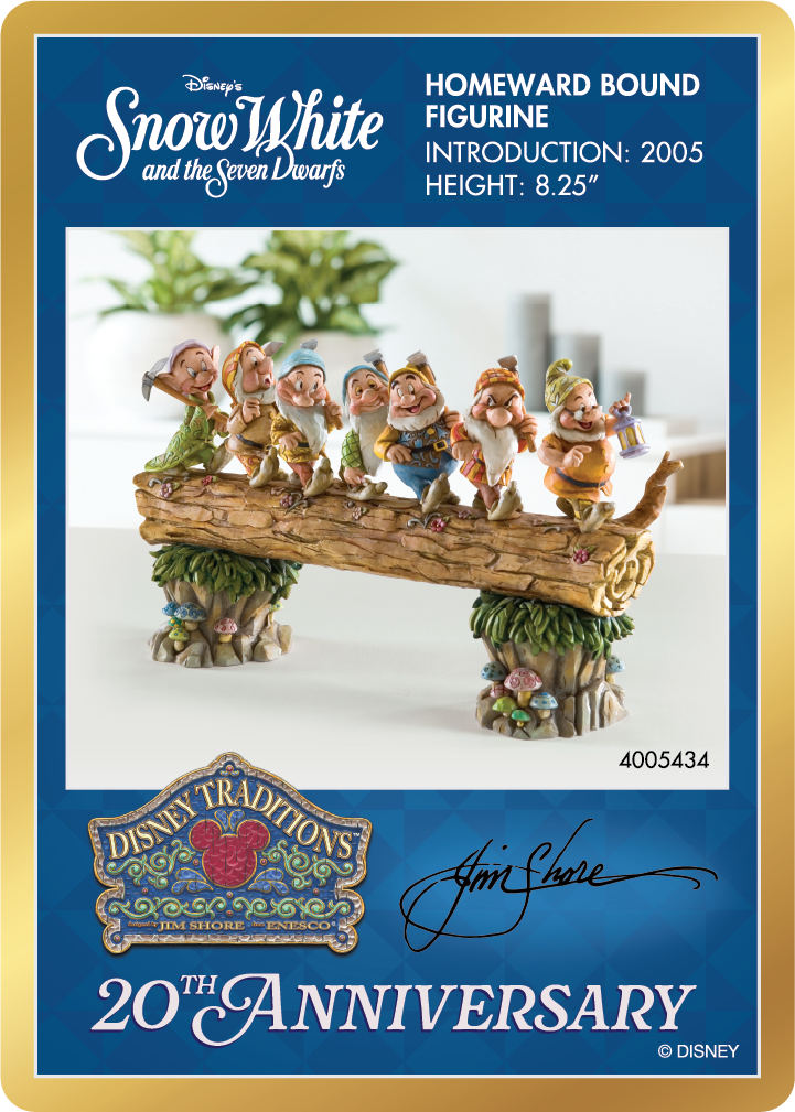 Disney Snow White figurine with seven dwarfs on a log, featuring Disney Traditions branding.