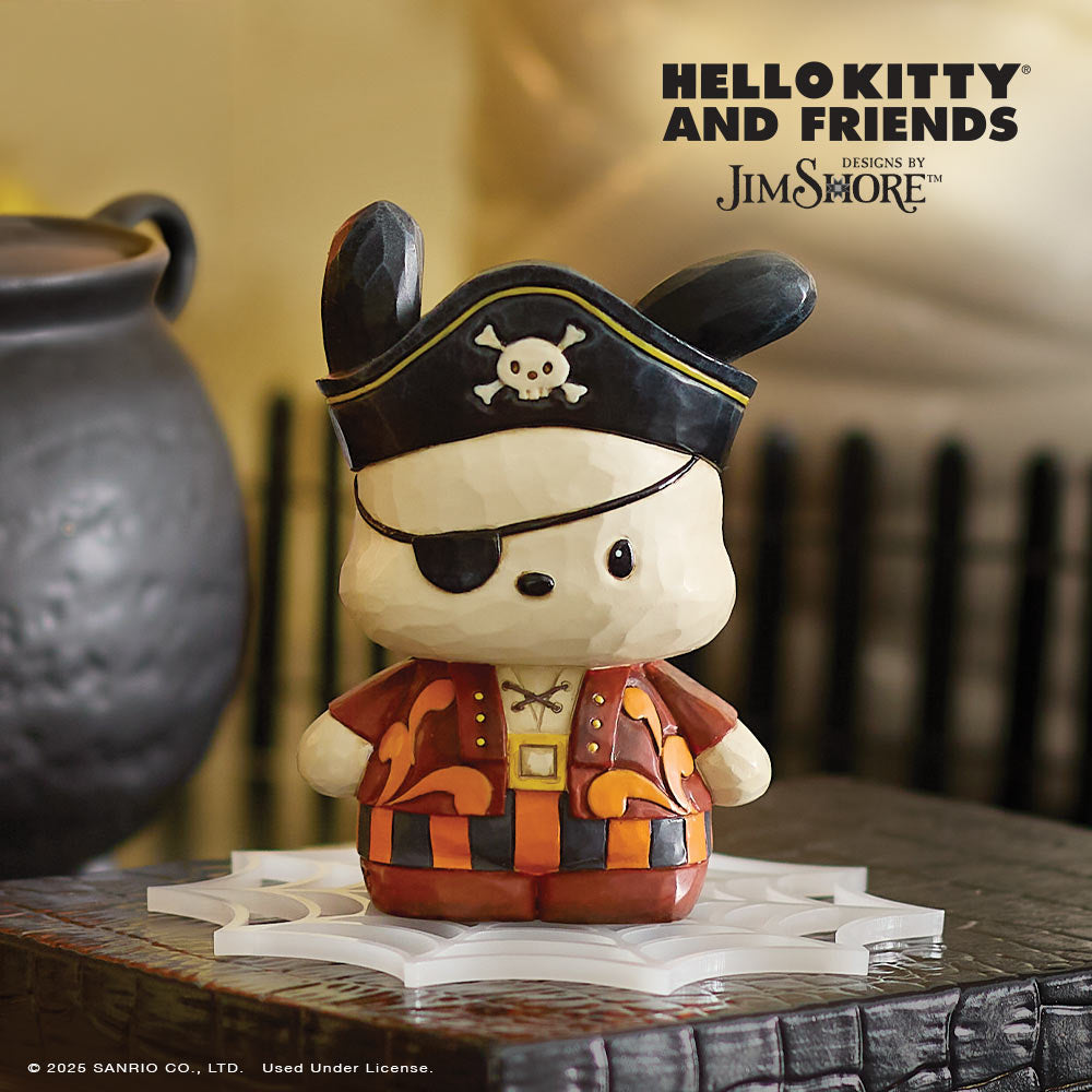 Hello Kitty pirate figurine with 'Hello Kitty and Friends' branding on a wooden surface.