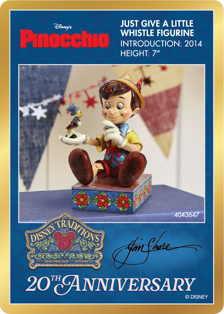 Pinocchio card with promotional text on a blue background